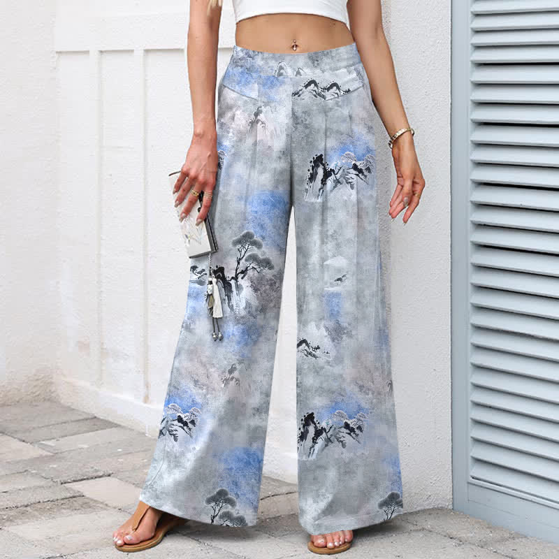 Buddha Stones Baumwoll-Leinen-Hose mit Tintenwaschmuster, elastischem Bund, weitem Bein und Taschen - image 5
