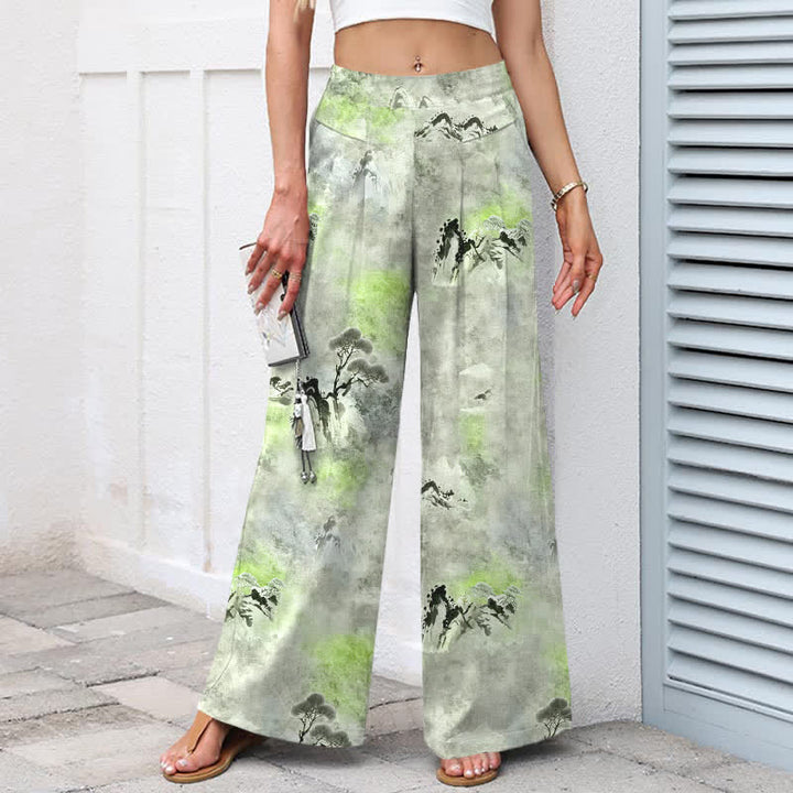 Buddha Stones Baumwoll-Leinen-Hose mit Tintenwaschmuster, elastischem Bund, weitem Bein und Taschen - image 9