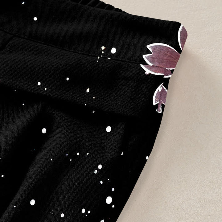 Buddha Stones Schwarze Damenhose mit Sakura-Muster aus Baumwoll-Leinen-Mischgewebe, elastischem Bund, weitem Bein und Taschen - image 2