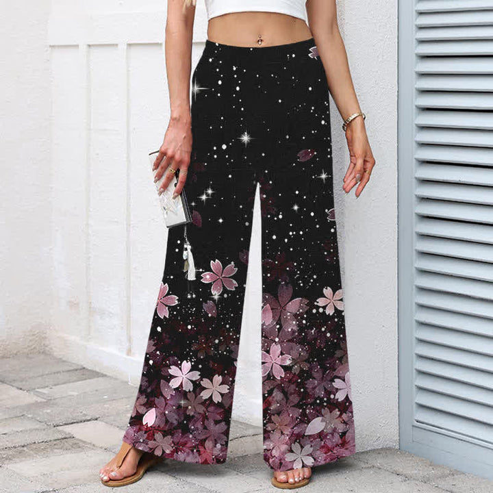 Buddha Stones Schwarze Damenhose mit Sakura-Muster aus Baumwoll-Leinen-Mischgewebe, elastischem Bund, weitem Bein und Taschen - image 1