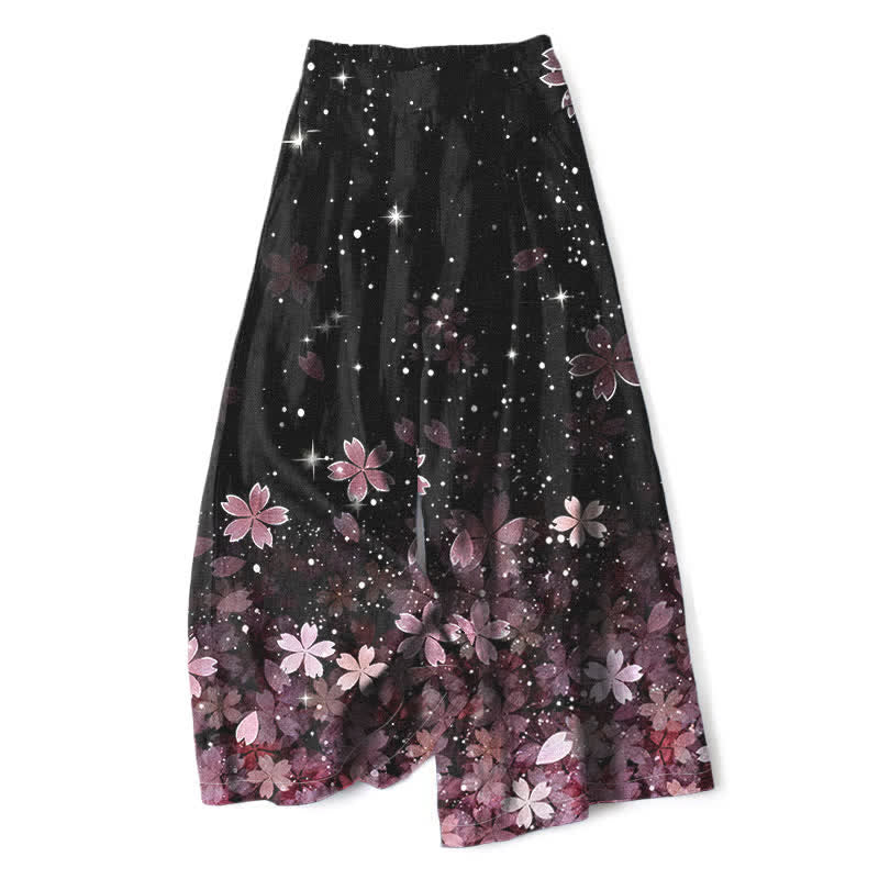 Buddha Stones Schwarze Damenhose mit Sakura-Muster aus Baumwoll-Leinen-Mischgewebe, elastischem Bund, weitem Bein und Taschen - Rosa - US16, UK/AU20, EU48 (3XL) - image 0