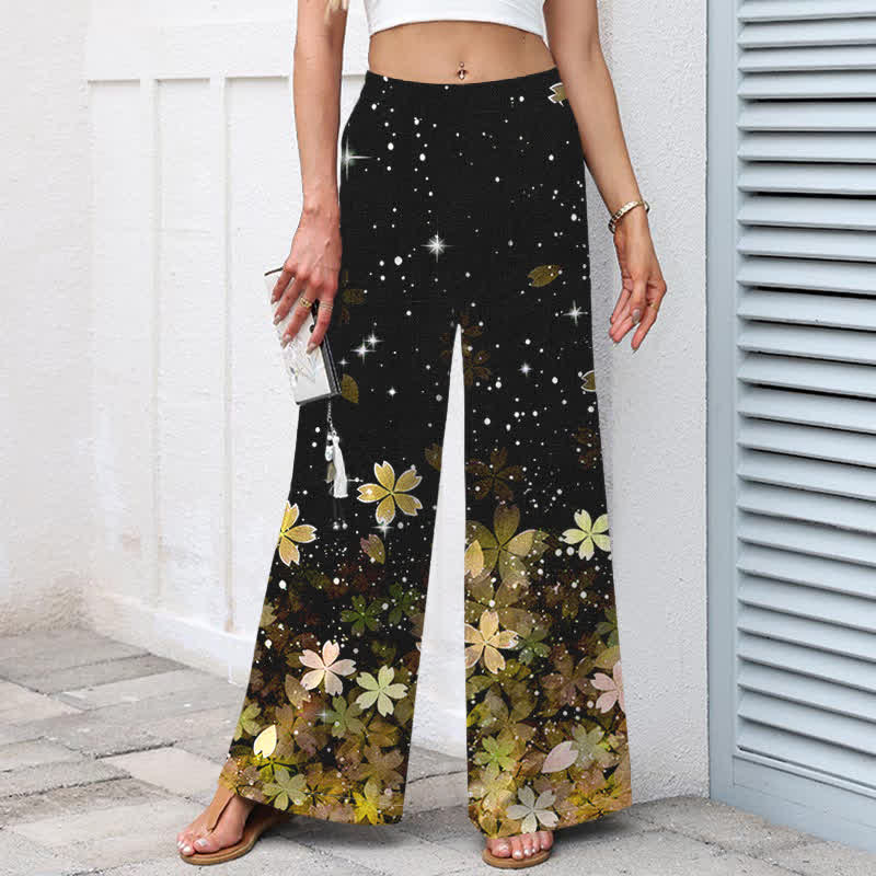 Buddha Stones Schwarze Damenhose mit Sakura-Muster aus Baumwoll-Leinen-Mischgewebe, elastischem Bund, weitem Bein und Taschen - image 5