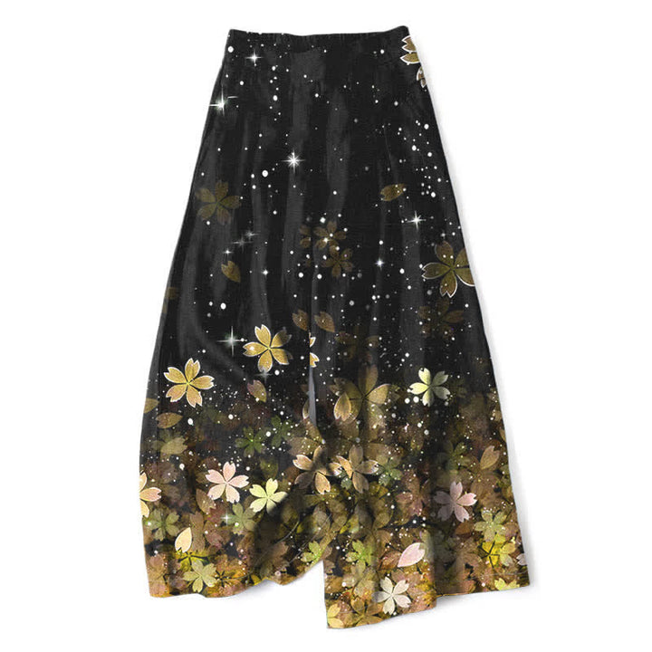 Buddha Stones Schwarze Damenhose mit Sakura-Muster aus Baumwoll-Leinen-Mischgewebe, elastischem Bund, weitem Bein und Taschen - Gelb - US16, UK/AU20, EU48 (3XL) - image 4