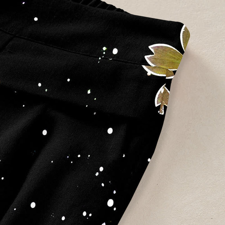Buddha Stones Schwarze Damenhose mit Sakura-Muster aus Baumwoll-Leinen-Mischgewebe, elastischem Bund, weitem Bein und Taschen - image 6