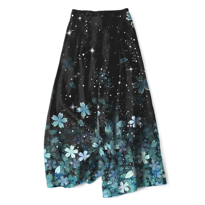 Buddha Stones Schwarze Damenhose mit Sakura-Muster aus Baumwoll-Leinen-Mischgewebe, elastischem Bund, weitem Bein und Taschen - Himmelblau - US16, UK/AU20, EU48 (3XL) - image 8
