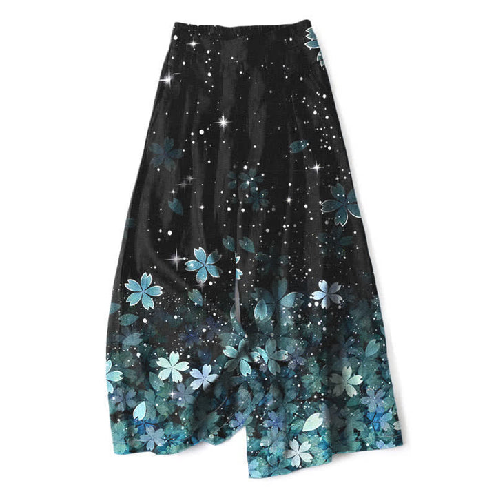 Buddha Stones Schwarze Damenhose mit Sakura-Muster aus Baumwoll-Leinen-Mischgewebe, elastischem Bund, weitem Bein und Taschen - Himmelblau - US16, UK/AU20, EU48 (3XL) - image 8