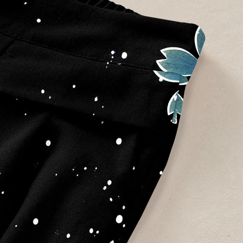 Buddha Stones Schwarze Damenhose mit Sakura-Muster aus Baumwoll-Leinen-Mischgewebe, elastischem Bund, weitem Bein und Taschen - image 10