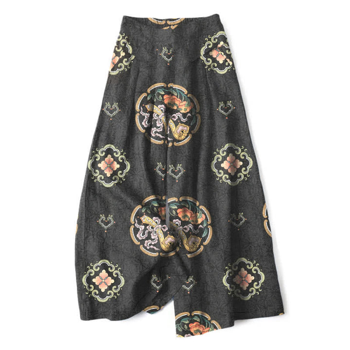 Buddha Stones Baumwoll-Leinen-Hose im Bohème-Stil mit Medaillonmuster, weitem Bein und elastischem Bund, Taschen - Schwarz - US16, UK/AU20, EU48 (3XL) - image 0
