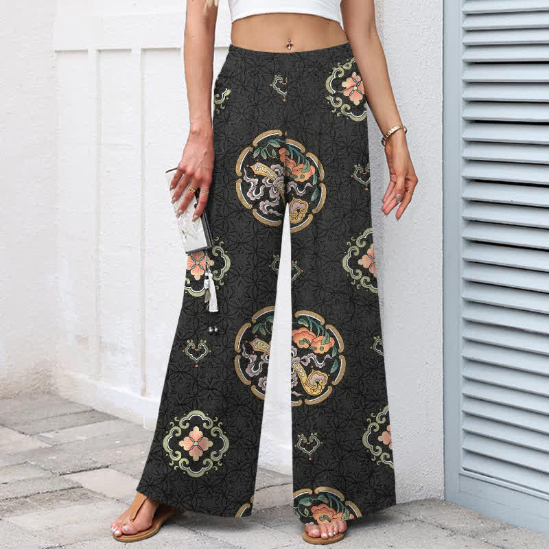 Buddha Stones Baumwoll-Leinen-Hose im Bohème-Stil mit Medaillonmuster, weitem Bein und elastischem Bund, Taschen - image 1