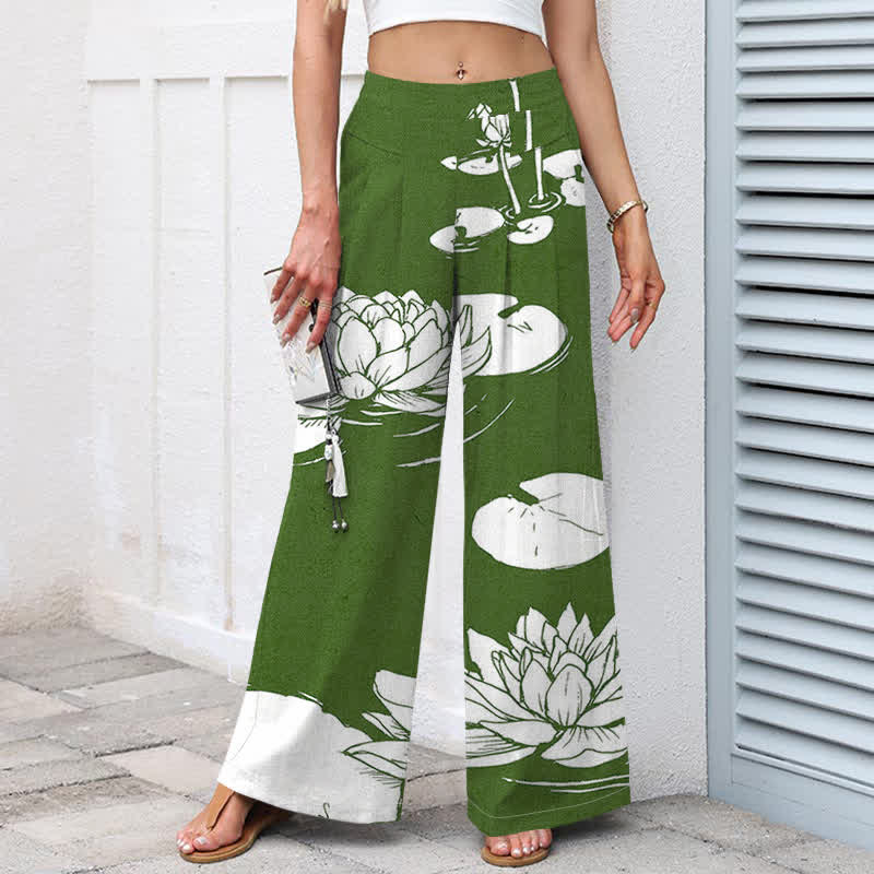 Buddha Stones Damenhose mit weitem Bein, elastischem Bund und Taschen, Baumwoll-Leinen-Mischgewebe mit Lotusblattmuster - image 1