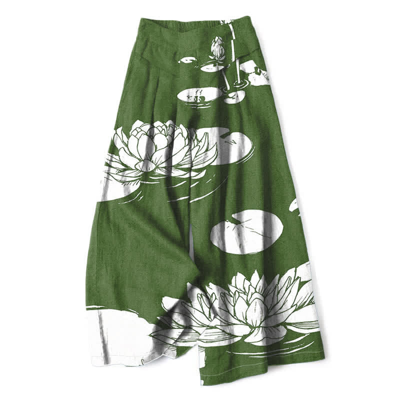 Buddha Stones Damenhose mit weitem Bein, elastischem Bund und Taschen, Baumwoll-Leinen-Mischgewebe mit Lotusblattmuster - Waldgrün - US16, UK/AU20, EU48 (3XL) - image 0