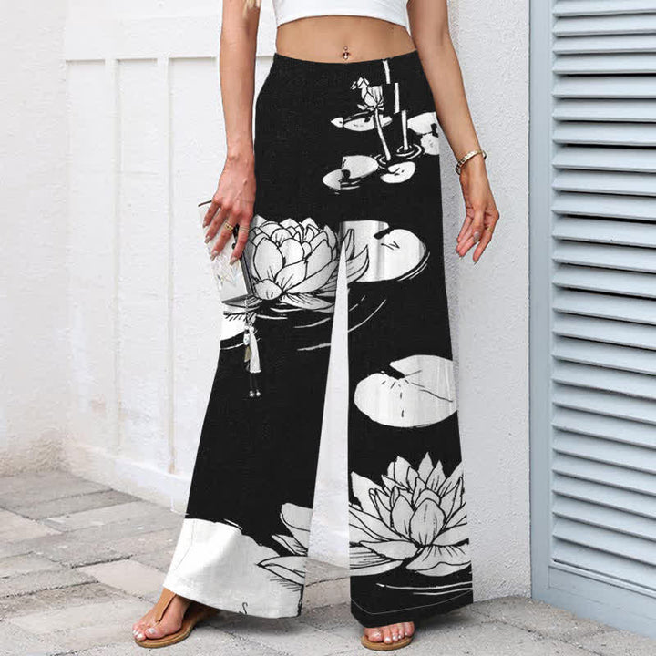 Buddha Stones Damenhose mit weitem Bein, elastischem Bund und Taschen, Baumwoll-Leinen-Mischgewebe mit Lotusblattmuster - image 5