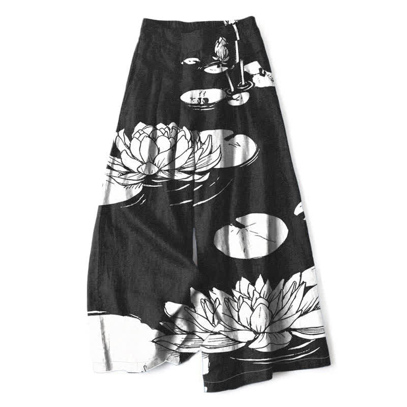 Buddha Stones Damenhose mit weitem Bein, elastischem Bund und Taschen, Baumwoll-Leinen-Mischgewebe mit Lotusblattmuster - Schwarz - US16, UK/AU20, EU48 (3XL) - image 4