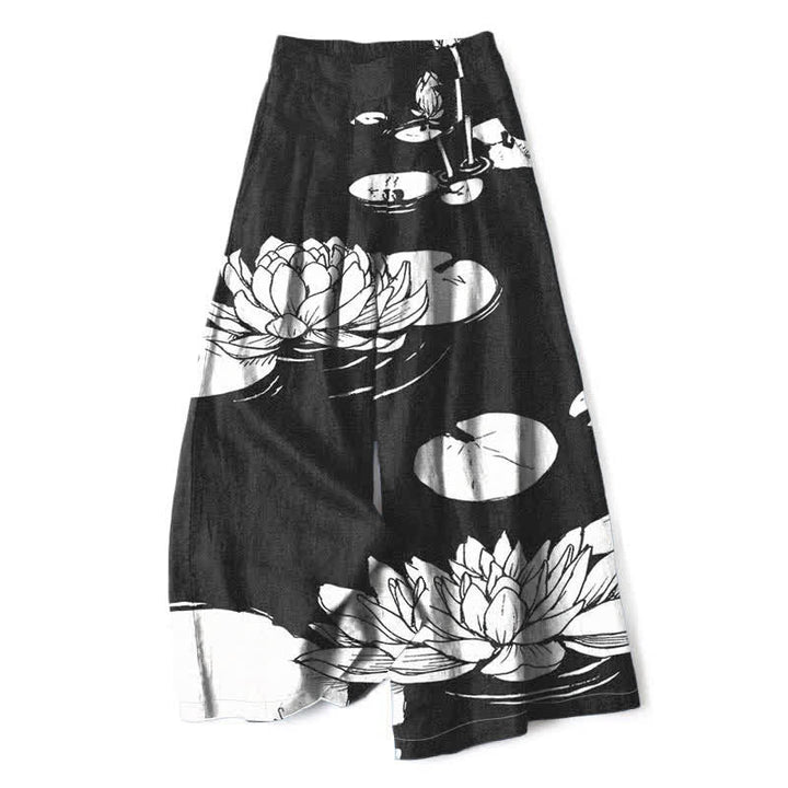 Buddha Stones Damenhose mit weitem Bein, elastischem Bund und Taschen, Baumwoll-Leinen-Mischgewebe mit Lotusblattmuster - Schwarz - US16, UK/AU20, EU48 (3XL) - image 4