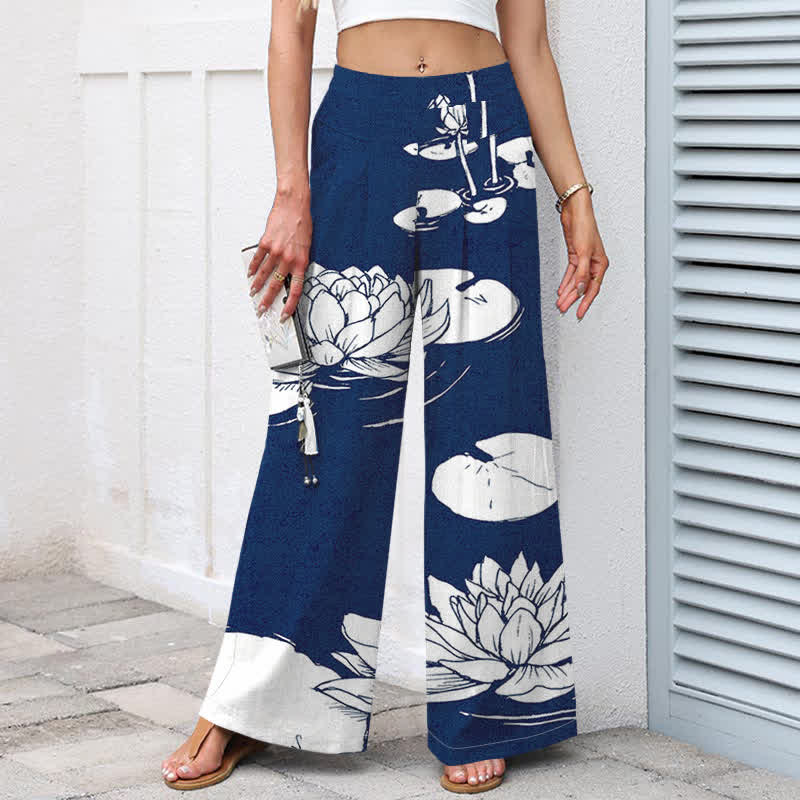 Buddha Stones Damenhose mit weitem Bein, elastischem Bund und Taschen, Baumwoll-Leinen-Mischgewebe mit Lotusblattmuster - image 9
