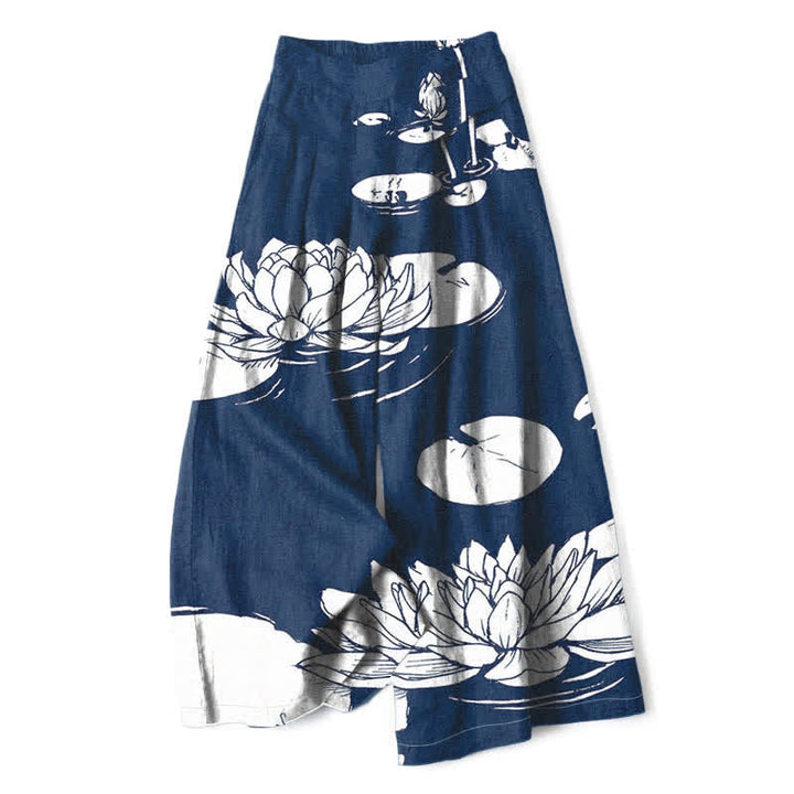 Buddha Stones Damenhose mit weitem Bein, elastischem Bund und Taschen, Baumwoll-Leinen-Mischgewebe mit Lotusblattmuster - Marine - US16, UK/AU20, EU48 (3XL) - image 8