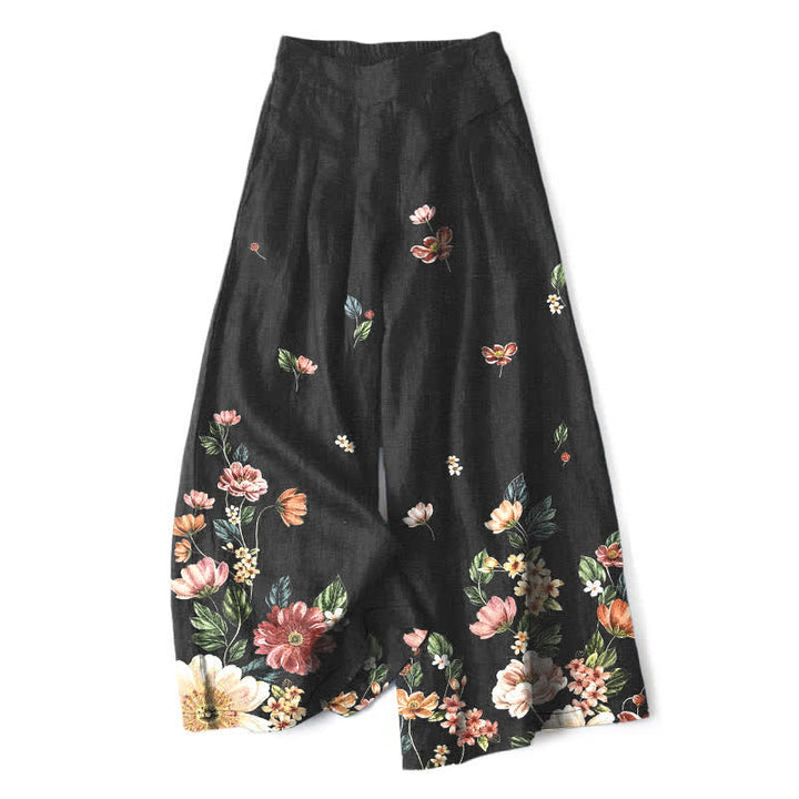 Buddha Stones Damenhose aus Baumwoll-Leinen-Mischgewebe mit floralem Boho-Muster, elastischem Bund, weitem Bein und Taschen - Schwarz - US16, UK/AU20, EU48 (3XL) - image 0
