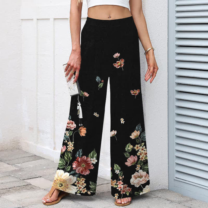 Buddha Stones Damenhose aus Baumwoll-Leinen-Mischgewebe mit floralem Boho-Muster, elastischem Bund, weitem Bein und Taschen - image 1