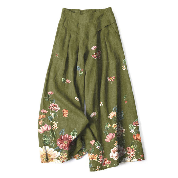 Buddha Stones Damenhose aus Baumwoll-Leinen-Mischgewebe mit floralem Boho-Muster, elastischem Bund, weitem Bein und Taschen - Olivgrün - US16, UK/AU20, EU48 (3XL) - image 4