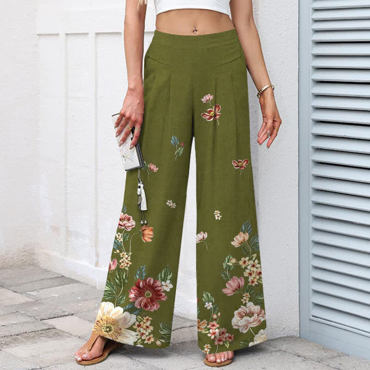 Buddha Stones Damenhose aus Baumwoll-Leinen-Mischgewebe mit floralem Boho-Muster, elastischem Bund, weitem Bein und Taschen - image 5