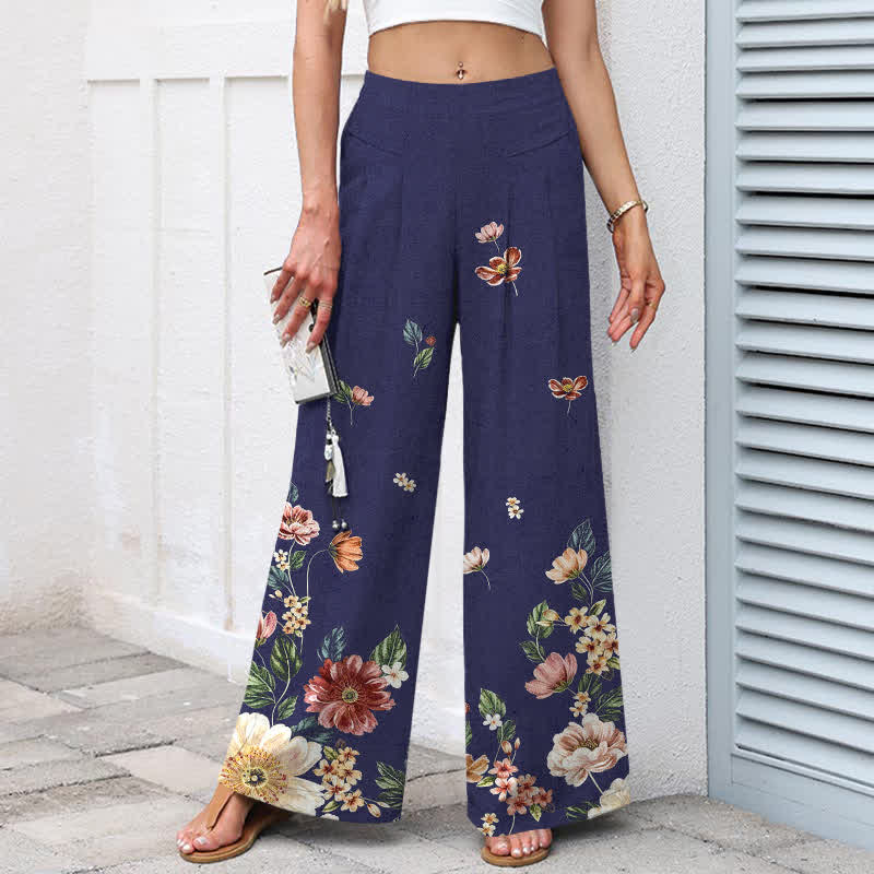 Buddha Stones Damenhose aus Baumwoll-Leinen-Mischgewebe mit floralem Boho-Muster, elastischem Bund, weitem Bein und Taschen - image 9