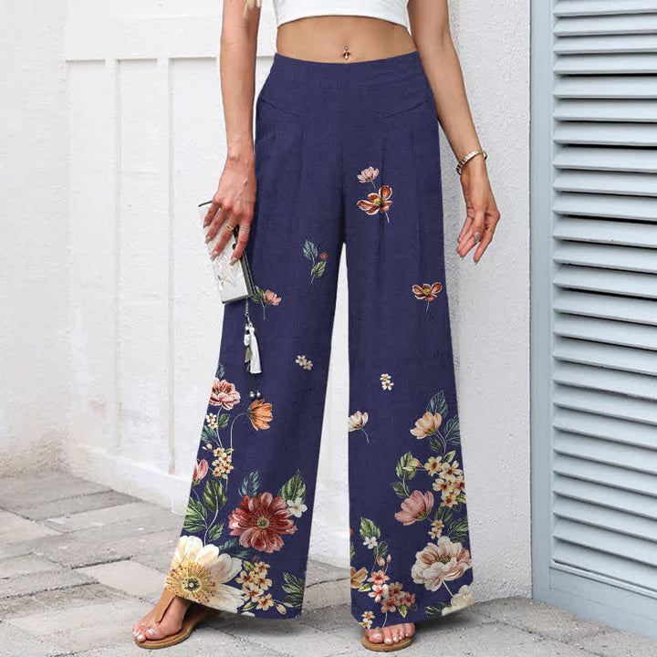 Buddha Stones Damenhose aus Baumwoll-Leinen-Mischgewebe mit floralem Boho-Muster, elastischem Bund, weitem Bein und Taschen - image 9