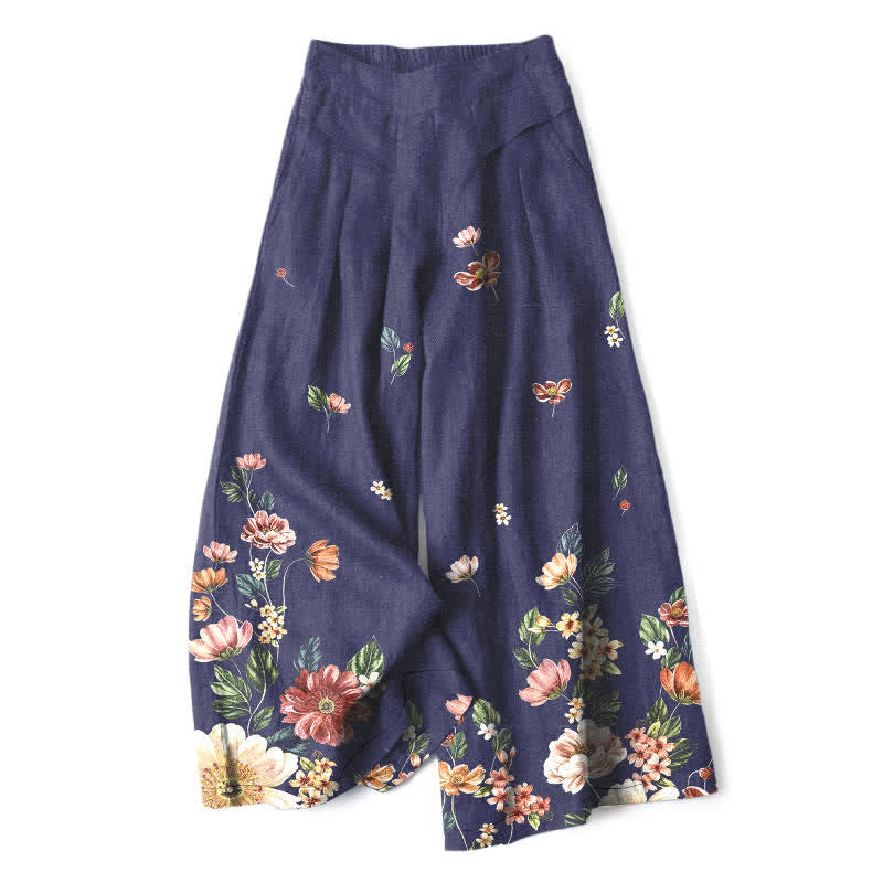 Buddha Stones Damenhose aus Baumwoll-Leinen-Mischgewebe mit floralem Boho-Muster, elastischem Bund, weitem Bein und Taschen - Marine - US16, UK/AU20, EU48 (3XL) - image 8