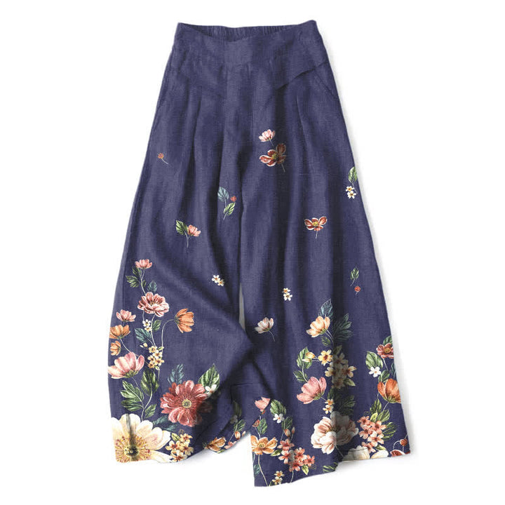Buddha Stones Damenhose aus Baumwoll-Leinen-Mischgewebe mit floralem Boho-Muster, elastischem Bund, weitem Bein und Taschen - Marine - US16, UK/AU20, EU48 (3XL) - image 8