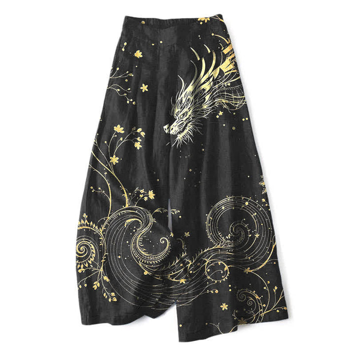 Buddha Stones Baumwoll-Leinen-Hose mit Drachenwellenmuster, elastischem Bund, weitem Bein und Taschen - Schwarz - US16, UK/AU20, EU48 (3XL) - image 0