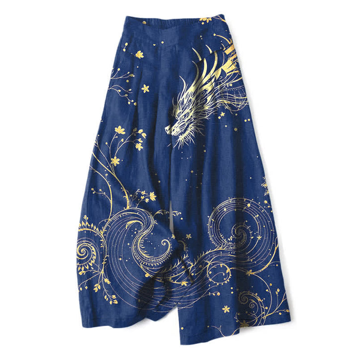 Buddha Stones Baumwoll-Leinen-Hose mit Drachenwellenmuster, elastischem Bund, weitem Bein und Taschen - Marine - US16, UK/AU20, EU48 (3XL) - image 8