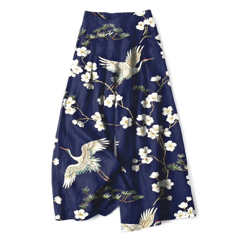 Buddha Stones Baumwoll-Leinen-Hose mit Kranich- und Blumenmuster, elastischem Bund, weitem Bein und Taschen - Marine - US16, UK/AU20, EU48 (3XL) - image 0