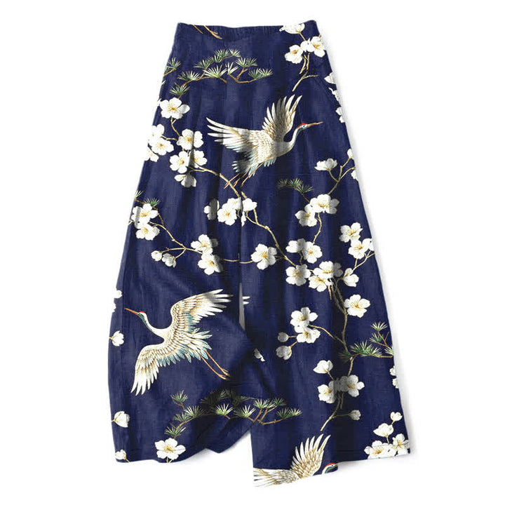 Buddha Stones Baumwoll-Leinen-Hose mit Kranich- und Blumenmuster, elastischem Bund, weitem Bein und Taschen - Marine - US16, UK/AU20, EU48 (3XL) - image 0