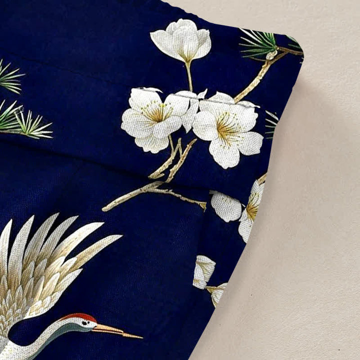 Buddha Stones Baumwoll-Leinen-Hose mit Kranich- und Blumenmuster, elastischem Bund, weitem Bein und Taschen - image 2