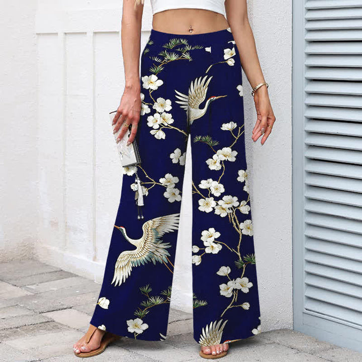 Buddha Stones Baumwoll-Leinen-Hose mit Kranich- und Blumenmuster, elastischem Bund, weitem Bein und Taschen - image 1