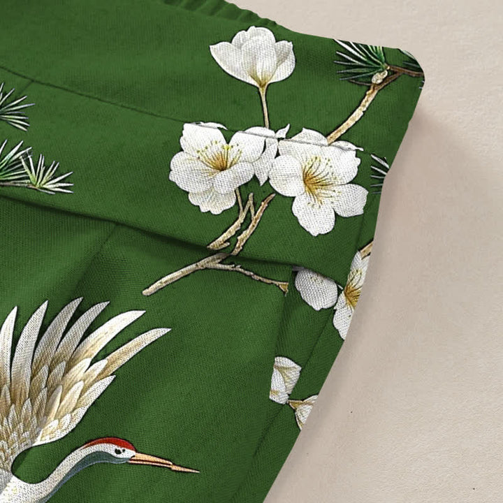 Buddha Stones Baumwoll-Leinen-Hose mit Kranich- und Blumenmuster, elastischem Bund, weitem Bein und Taschen - image 6