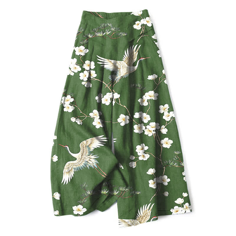 Buddha Stones Baumwoll-Leinen-Hose mit Kranich- und Blumenmuster, elastischem Bund, weitem Bein und Taschen - Waldgrün - US16, UK/AU20, EU48 (3XL) - image 4