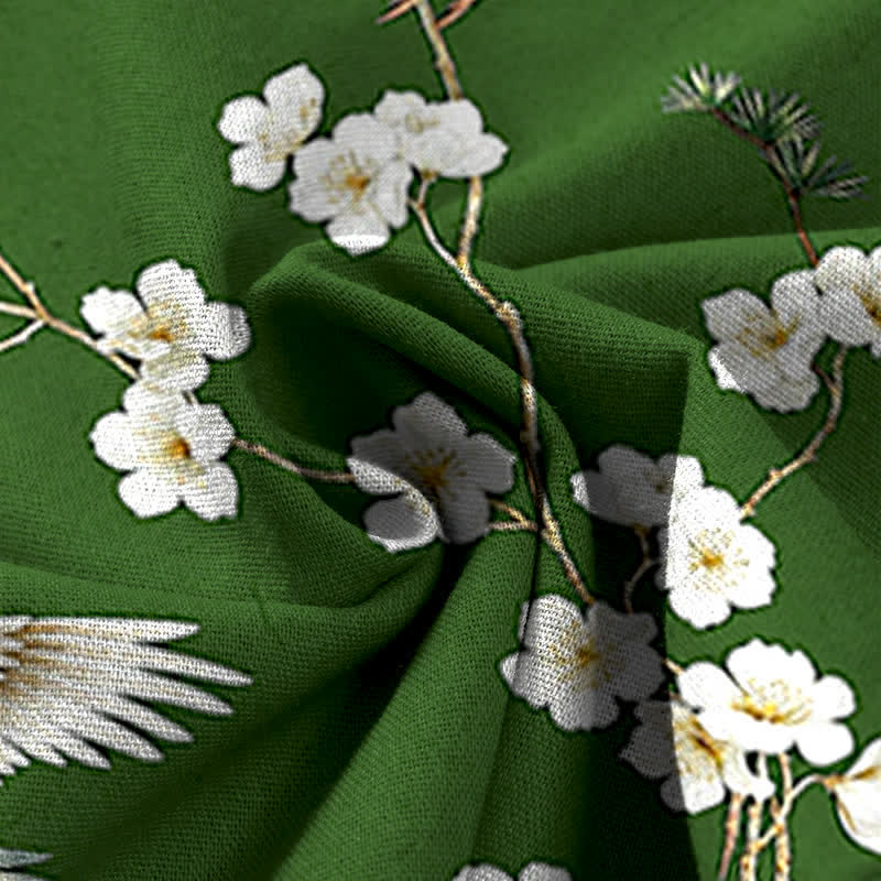 Buddha Stones Baumwoll-Leinen-Hose mit Kranich- und Blumenmuster, elastischem Bund, weitem Bein und Taschen - image 7