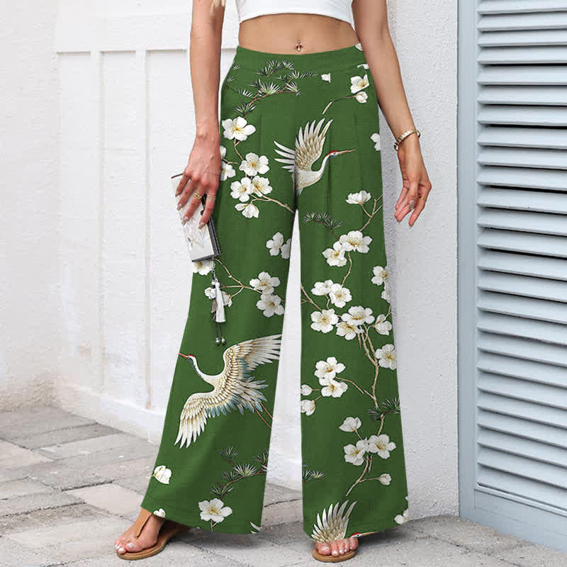 Buddha Stones Baumwoll-Leinen-Hose mit Kranich- und Blumenmuster, elastischem Bund, weitem Bein und Taschen - image 5
