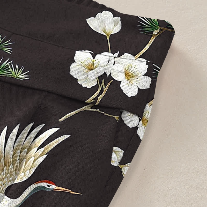 Buddha Stones Baumwoll-Leinen-Hose mit Kranich- und Blumenmuster, elastischem Bund, weitem Bein und Taschen - image 10