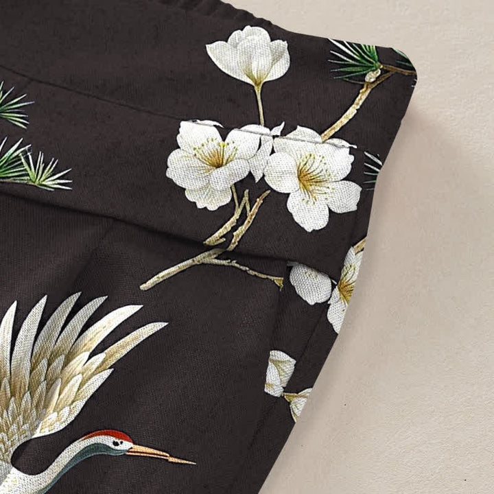 Buddha Stones Baumwoll-Leinen-Hose mit Kranich- und Blumenmuster, elastischem Bund, weitem Bein und Taschen - image 10