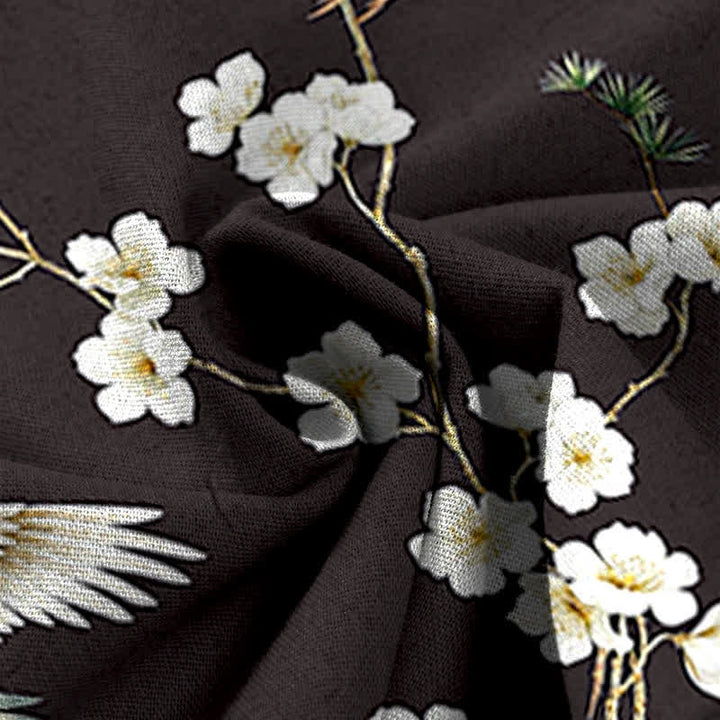 Buddha Stones Baumwoll-Leinen-Hose mit Kranich- und Blumenmuster, elastischem Bund, weitem Bein und Taschen - image 11