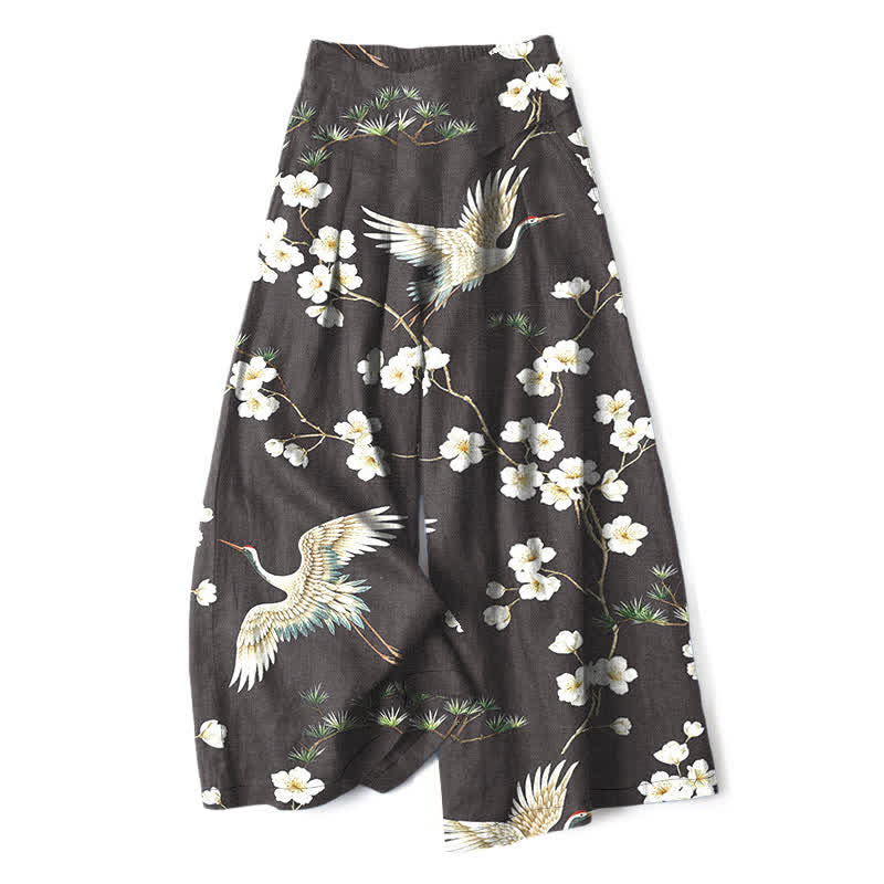 Buddha Stones Baumwoll-Leinen-Hose mit Kranich- und Blumenmuster, elastischem Bund, weitem Bein und Taschen - Schwarz - US16, UK/AU20, EU48 (3XL) - image 8