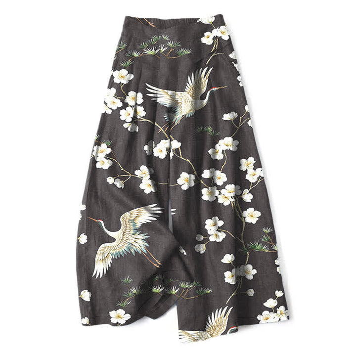 Buddha Stones Baumwoll-Leinen-Hose mit Kranich- und Blumenmuster, elastischem Bund, weitem Bein und Taschen - Schwarz - US16, UK/AU20, EU48 (3XL) - image 8