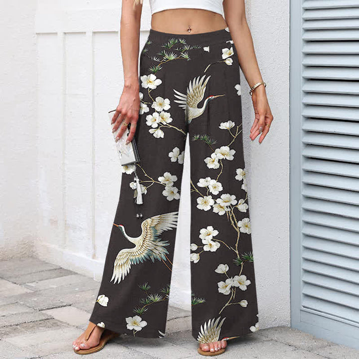 Buddha Stones Baumwoll-Leinen-Hose mit Kranich- und Blumenmuster, elastischem Bund, weitem Bein und Taschen - image 9