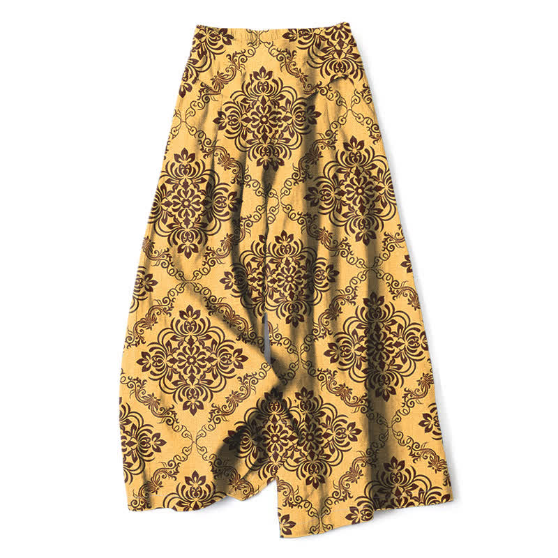 Buddha Stones Damenhose aus Baumwoll-Leinen-Mischgewebe mit barockem Blumenmuster, elastischem Bund, weitem Bein und Taschen - Gold - US16, UK/AU20, EU48 (3XL) - image 0