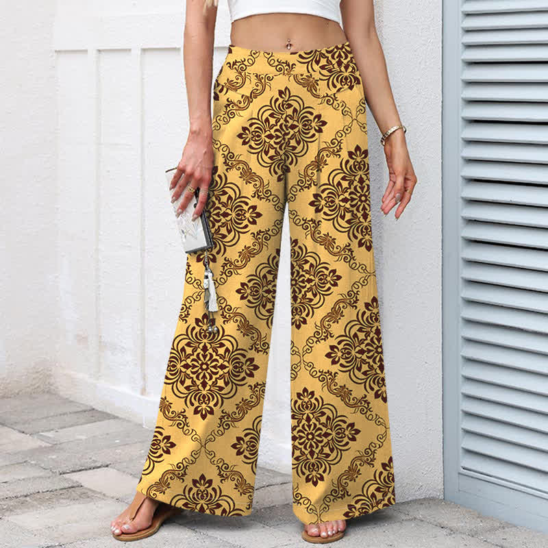 Buddha Stones Damenhose aus Baumwoll-Leinen-Mischgewebe mit barockem Blumenmuster, elastischem Bund, weitem Bein und Taschen - image 1