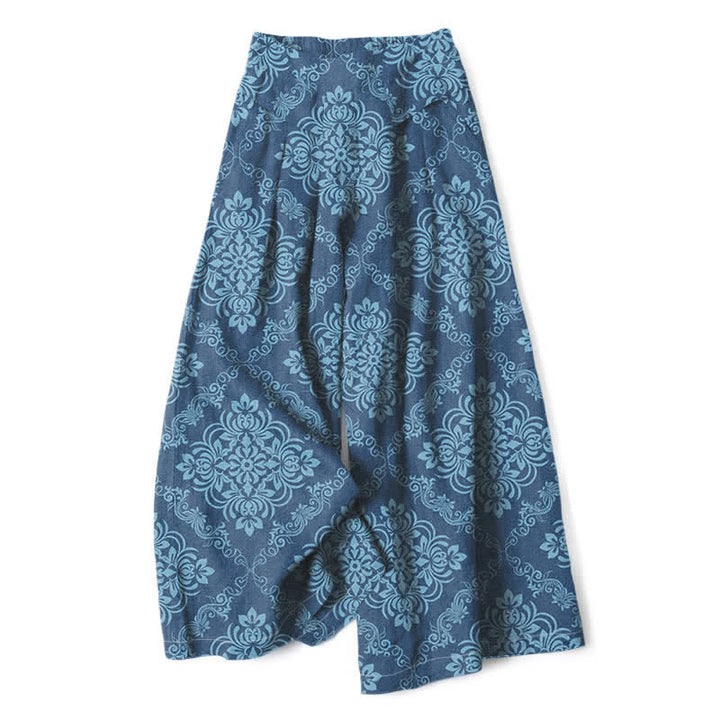Buddha Stones Damenhose aus Baumwoll-Leinen-Mischgewebe mit barockem Blumenmuster, elastischem Bund, weitem Bein und Taschen - SteelBlue - US16, UK/AU20, EU48 (3XL) - image 4