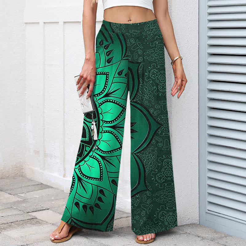 Buddha Stones Damenhose mit weitem Bein, elastischem Bund und Taschen, aus Baumwoll-Leinen-Mandala-Muster - image 1