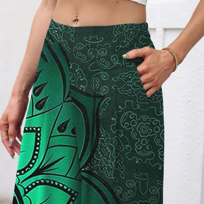 Buddha Stones Damenhose mit weitem Bein, elastischem Bund und Taschen, aus Baumwoll-Leinen-Mandala-Muster - Dunkelgrün - US16, UK/AU20, EU48 (3XL) - image 2