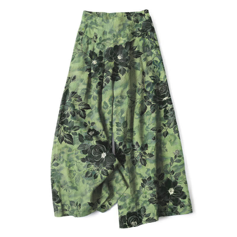 Buddha Stones Damenhose aus Baumwoll-Leinen-Mischgewebe mit Blumenmuster, elastischem Bund, weitem Bein und Taschen - Olivgrün - US16, UK/AU20, EU48 (3XL) - image 0